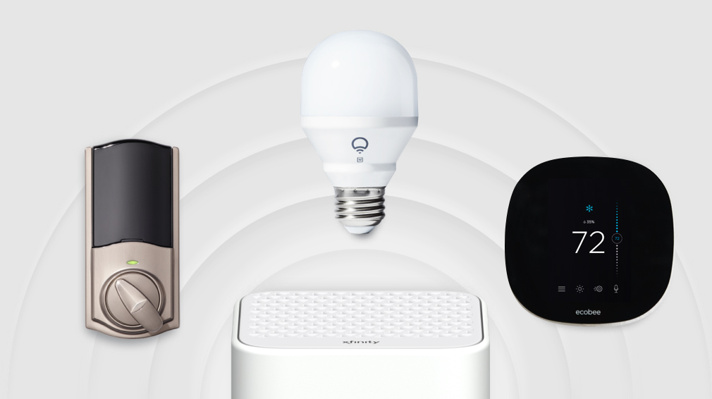 Smart lock, smart bulb, and smart thermostat above Xfi Gateway